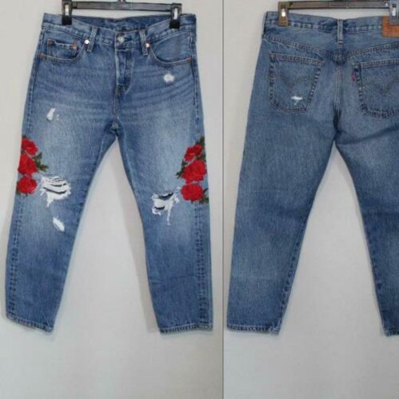 Levi's 501 T Floral Embroidered Tapered Jeans Medium Wash Women's Size 28 H11510 - Picture 11 of 12